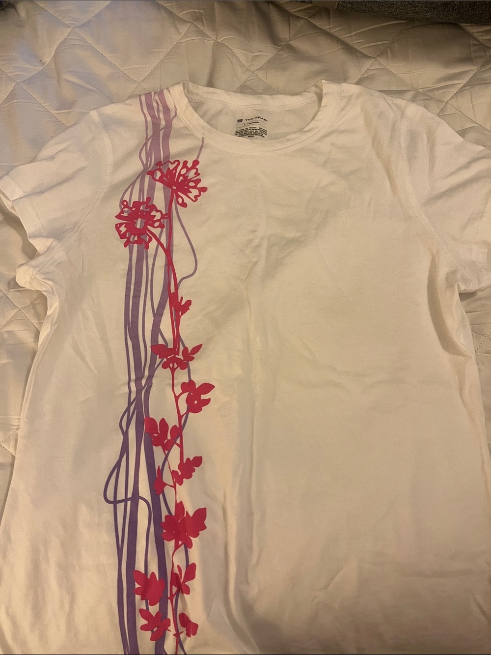 tek gear White Tee with Pink Floral & Purple Vine Accent